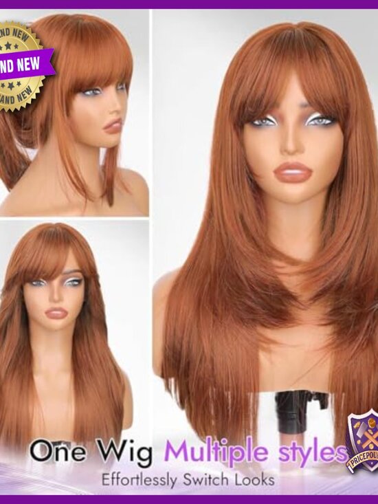 Long Layered Human Hair Wig with Bangs Heat Resistant 26 Inch